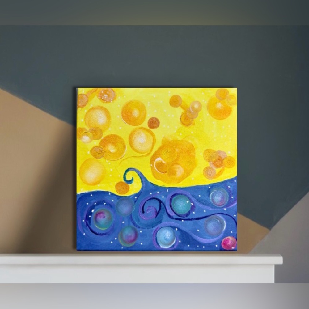 Abstract Oil Painting - Blue and Yellow Handmade wall Art